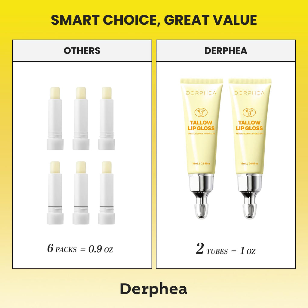 DERPHEA Organic Beef Tallow Lip Balm – 8H Hydration, Glossy Shine, Overnight Lip Mask (2 Tubes)
