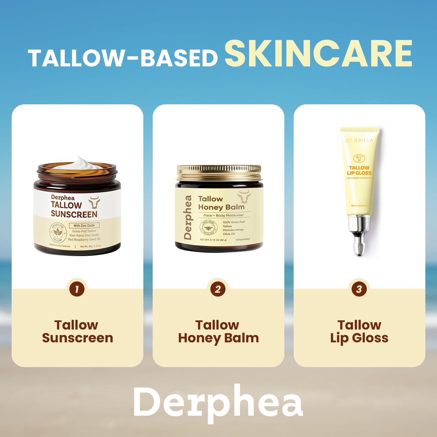 DERPHEA Organic Beef Tallow Lip Balm – 8H Hydration, Glossy Shine, Overnight Lip Mask (2 Tubes)
