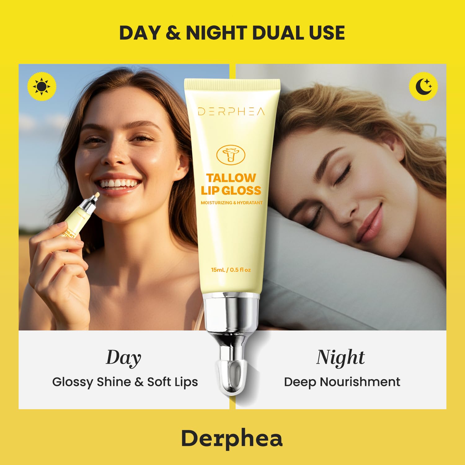 DERPHEA Organic Beef Tallow Lip Balm – 8H Hydration, Glossy Shine, Overnight Lip Mask (2 Tubes)