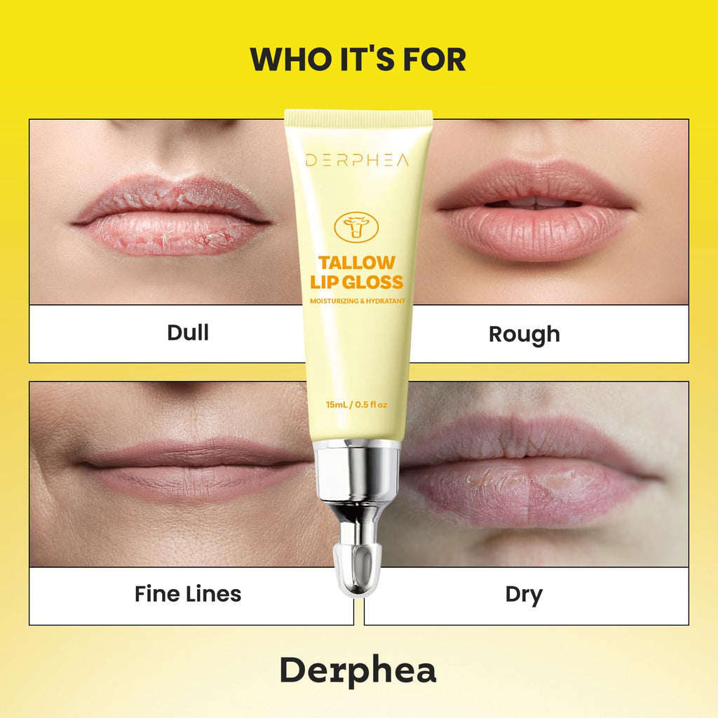 DERPHEA Organic Beef Tallow Lip Balm – 8H Hydration, Glossy Shine, Overnight Lip Mask (2 Tubes)