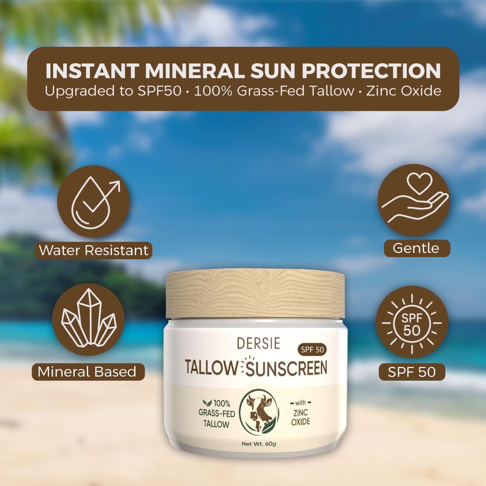 Dersie Tallow Sunscreen SPF 50 – Mineral Sunblock with Grass-Fed Tallow for Face & Body