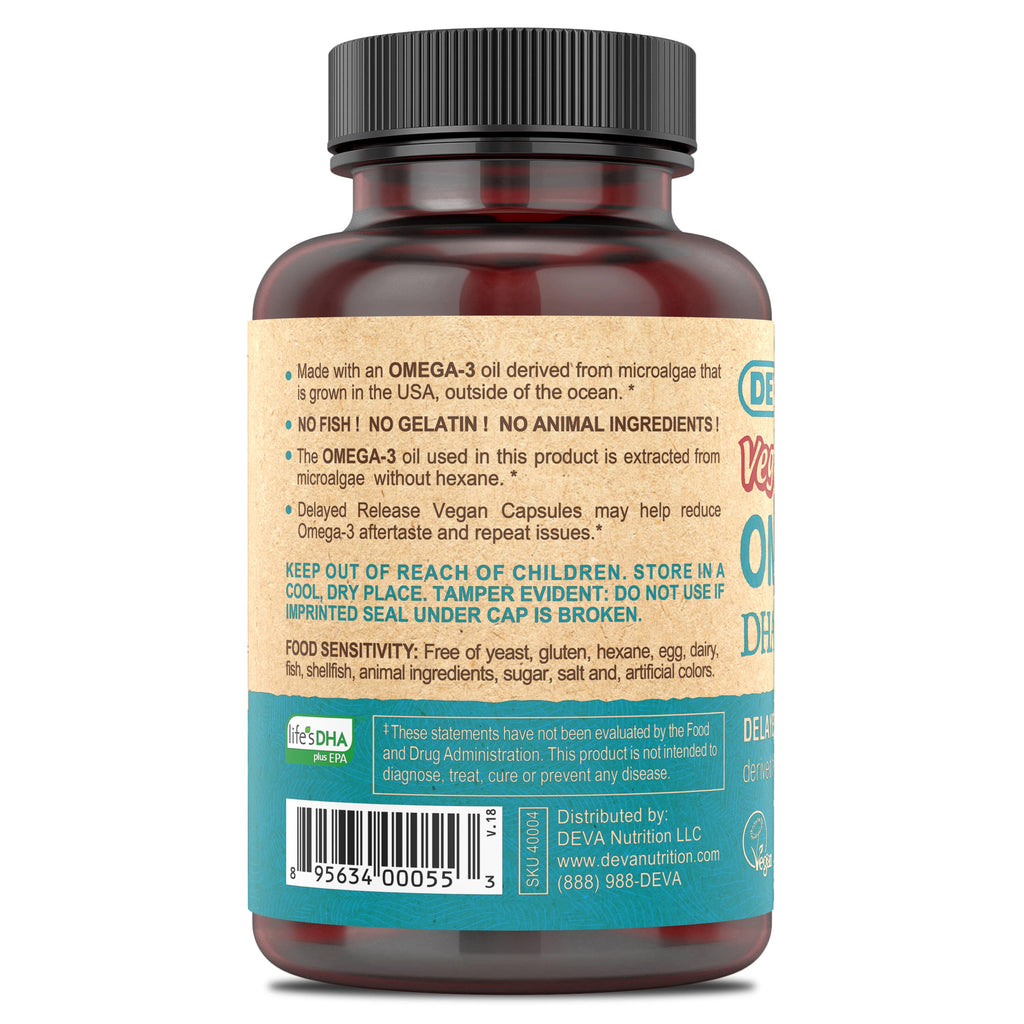 DEVA Nutrition Vegan Omega-3 DHA-EPA from Micro Algae | Delayed-Release 90 Vegan Capsules
