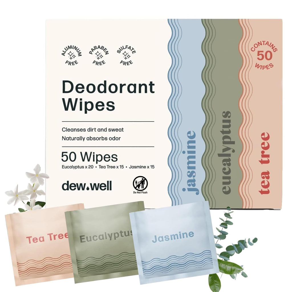 Dew Well Refreshing Deodorant Wipes – Aluminum-Free On-The-Go Freshness (Tea Tree, Eucalyptus, Jasmine) | 50 Wipes