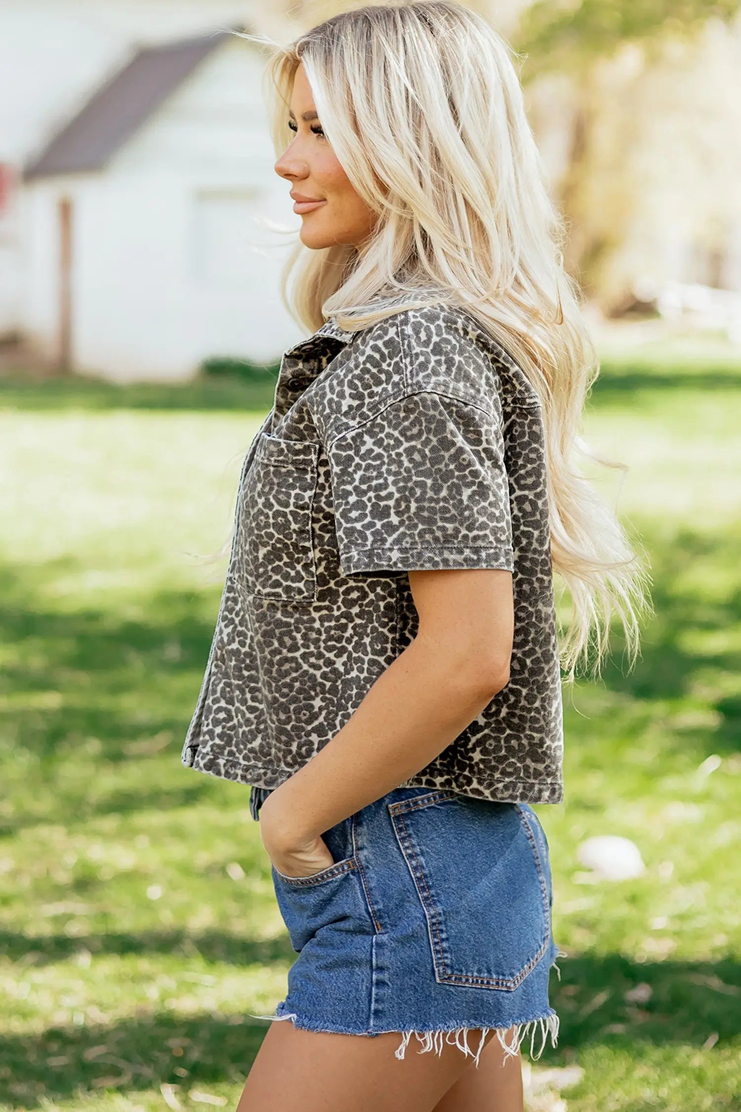 Gray Leopard Short Sleeve Denim Shirt Women UK