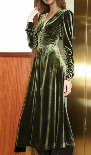 French-style V-neck Retro-chic Long-sleeved Velvet V-neck Slimming And Fashionable Dress