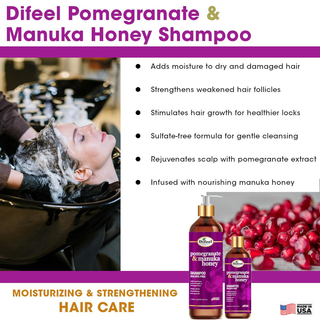 Difeel Pomegranate & Manuka Honey Shampoo 33.8 oz – Sulfate-Free, Strengthens & Moisturizes Damaged Hair