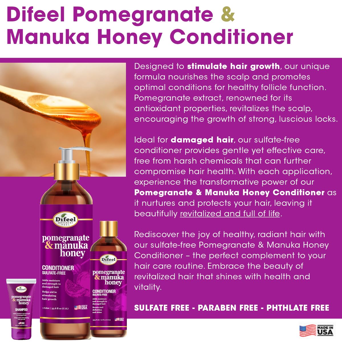 Difeel Pomegranate & Manuka Honey 4-Piece Hair Care Set – Shampoo, Conditioner, Leave-In Spray & Hair Oil