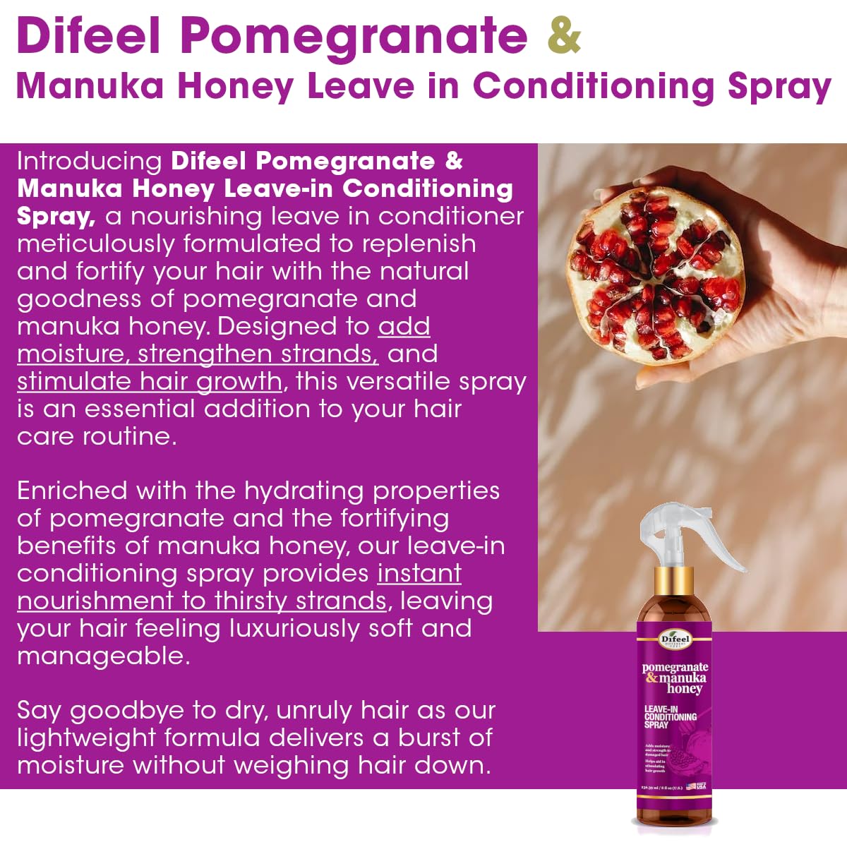 Difeel Pomegranate & Manuka Honey 4-Piece Hair Care Set – Shampoo, Conditioner, Leave-In Spray & Hair Oil