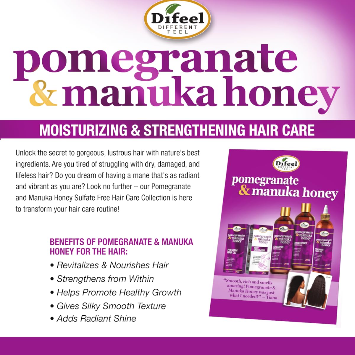 Difeel Pomegranate & Manuka Honey 4-Piece Hair Care Set – Shampoo, Conditioner, Leave-In Spray & Hair Oil