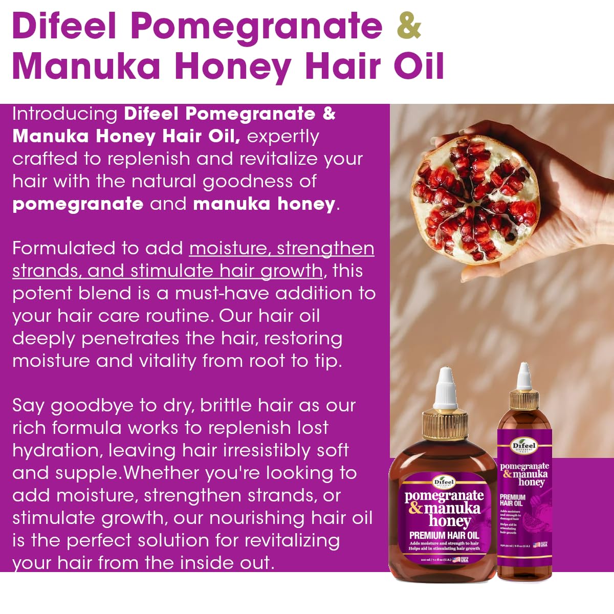 Difeel Pomegranate & Manuka Honey 4-Piece Hair Care Set – Shampoo, Conditioner, Leave-In Spray & Hair Oil