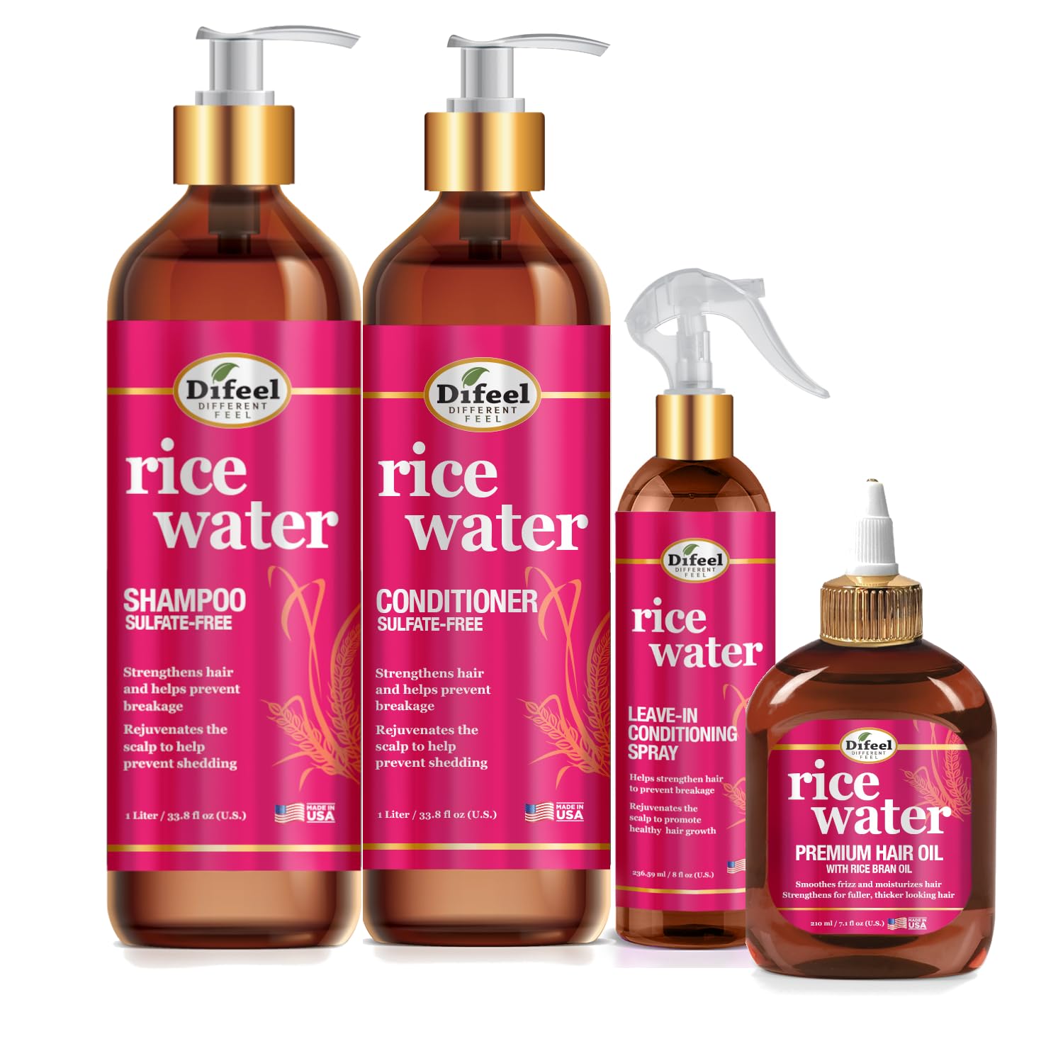 Difeel Rice Water 4-Piece Shampoo & Conditioner Set | Deep Conditioning for All Hair Types