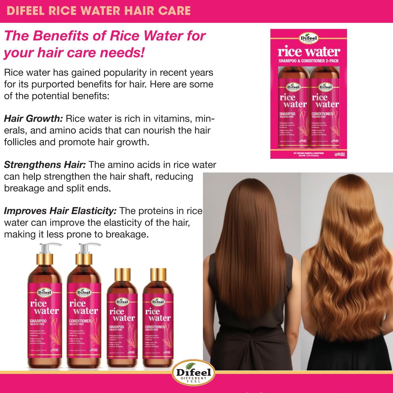 Difeel Rice Water Shampoo 12 oz – Strengthening, Sulfate-Free for All Hair Types