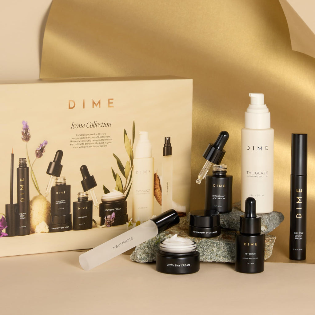 DIME Beauty Icons Collection Travel Size Skincare Discovery Set – 7 Summers Perfume, Eyelash Boost Serum, Luminosity Eye, Glaze Body Oil