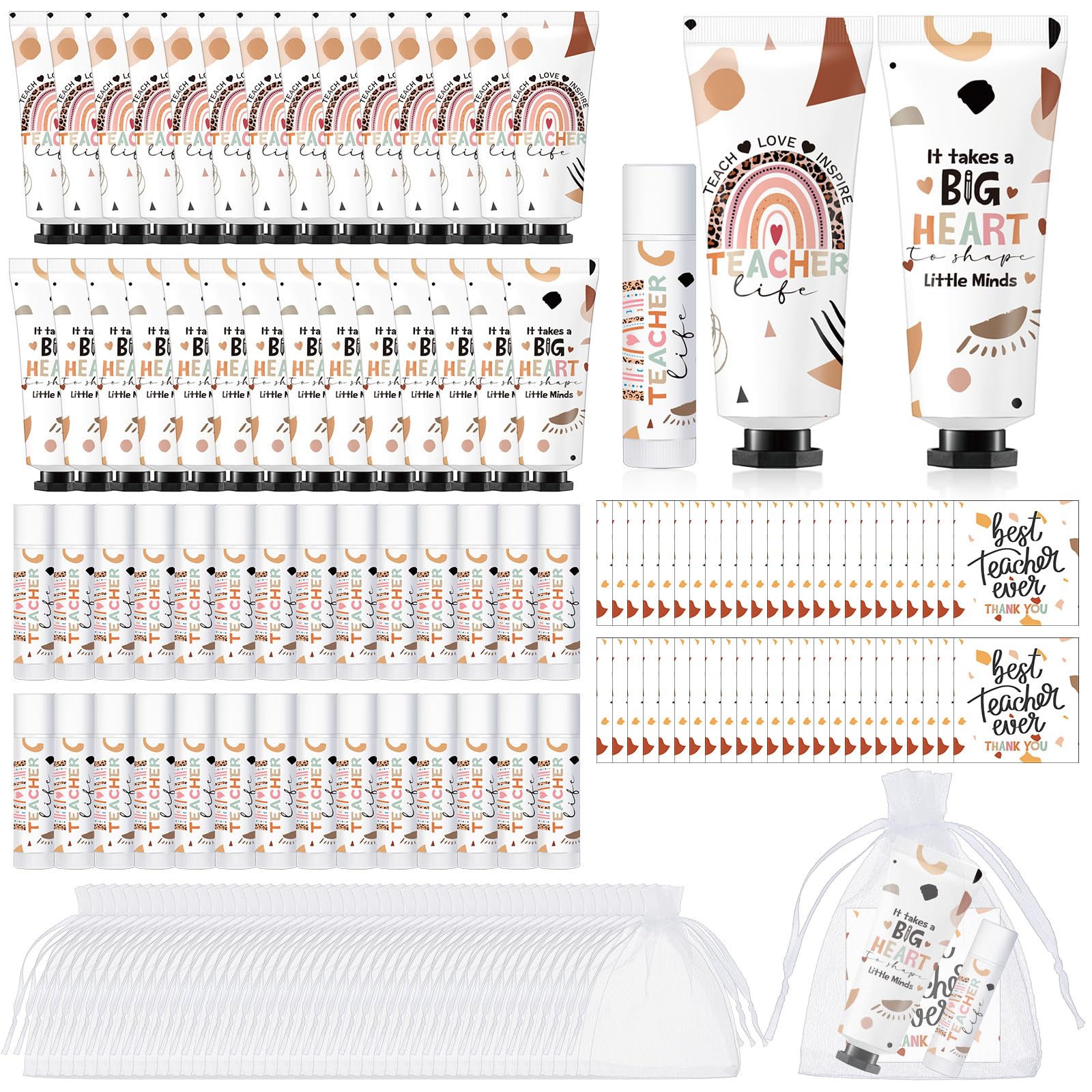 Dimsile 48-Set Christmas Teacher Gifts: Hand Cream, Lip Balm & Organza Bags