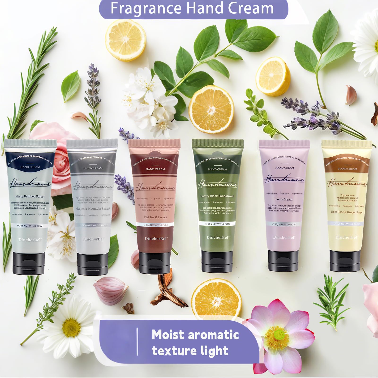 DincherBel 6 Pack Travel Size Hand Cream Set – 1 oz Moisturizing Lotion for Dry Hands (Red Tea & Leaves Scent)