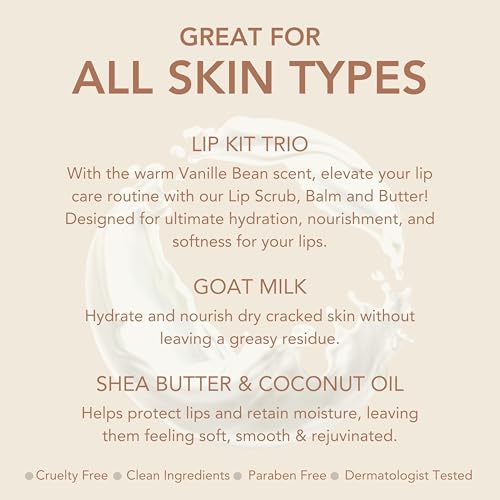 Dionis Goat Milk Vanilla Bean 3-Piece Lip Care Kit | Exfoliate, Hydrate, Protect Lips