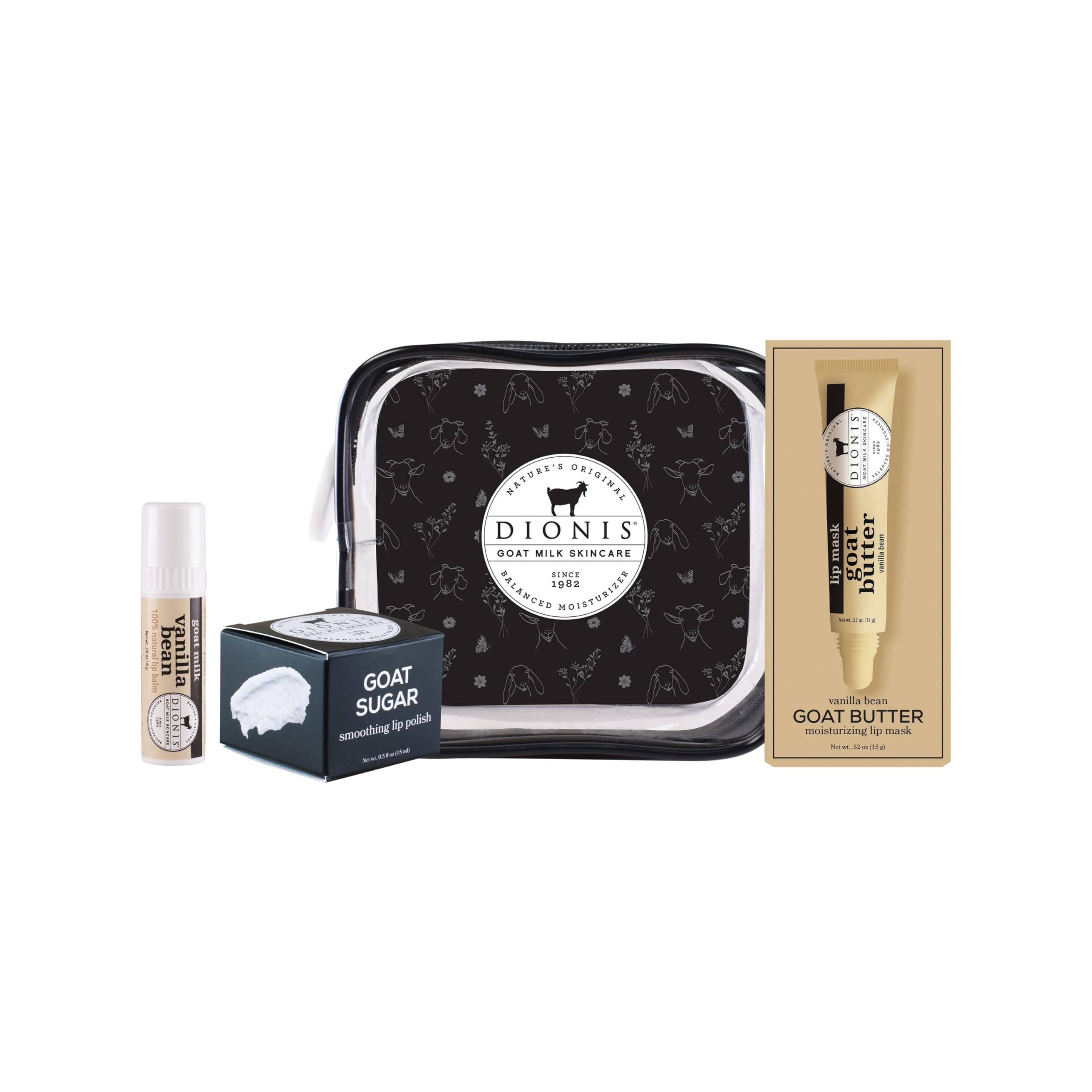 Dionis Goat Milk Vanilla Bean 3-Piece Lip Care Kit | Exfoliate, Hydrate, Protect Lips