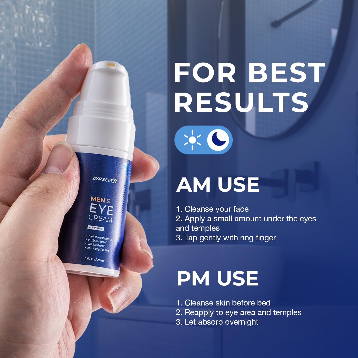 DIPSEVEN Men's Eye Cream - Under Eye Treatment for Bags, Wrinkles & Dark Circles - Peptides + Hyaluronic Acid