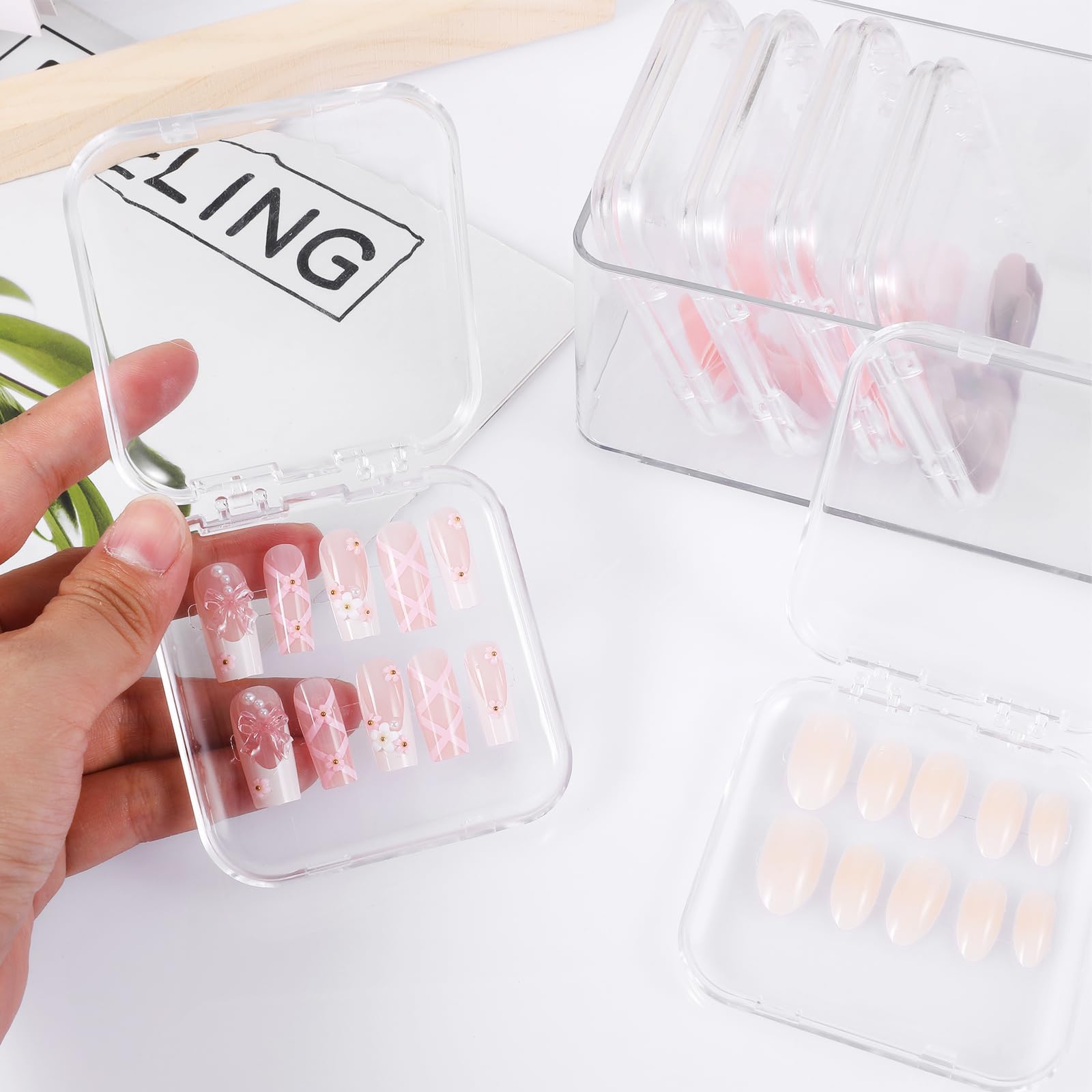 DIVINA VITAE 36Pcs Clear Nail Box Organizer Set – Press-On Display Box with 3 Storage Boxes & 60 Adhesive Strips