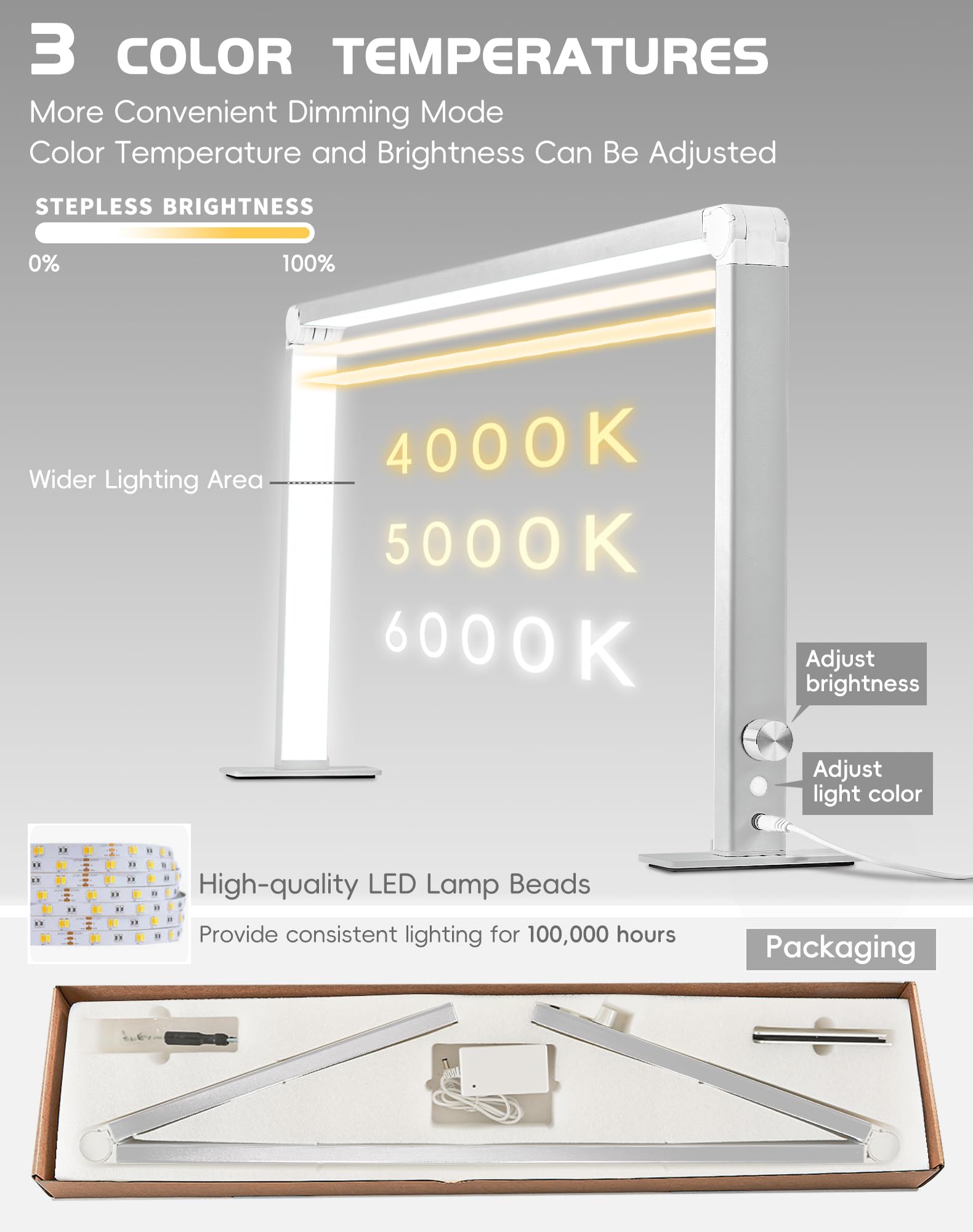 DLITISH Foldable Nail Desk Lamp 48W – 33in Square LED Table Light, 3 Modes, 3000–6000K, Silver