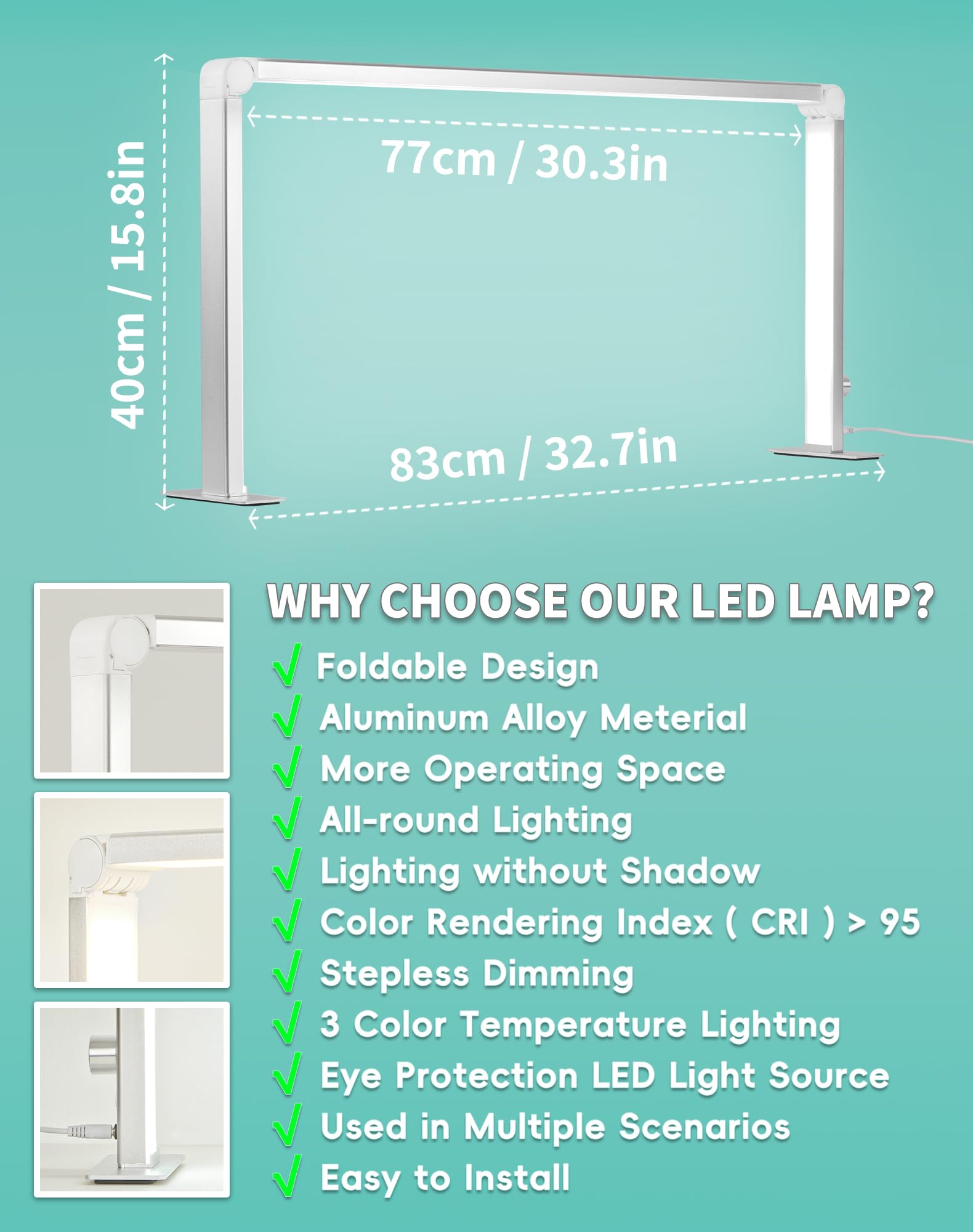 DLITISH Foldable Nail Desk Lamp 48W – 33in Square LED Table Light, 3 Modes, 3000–6000K, Silver