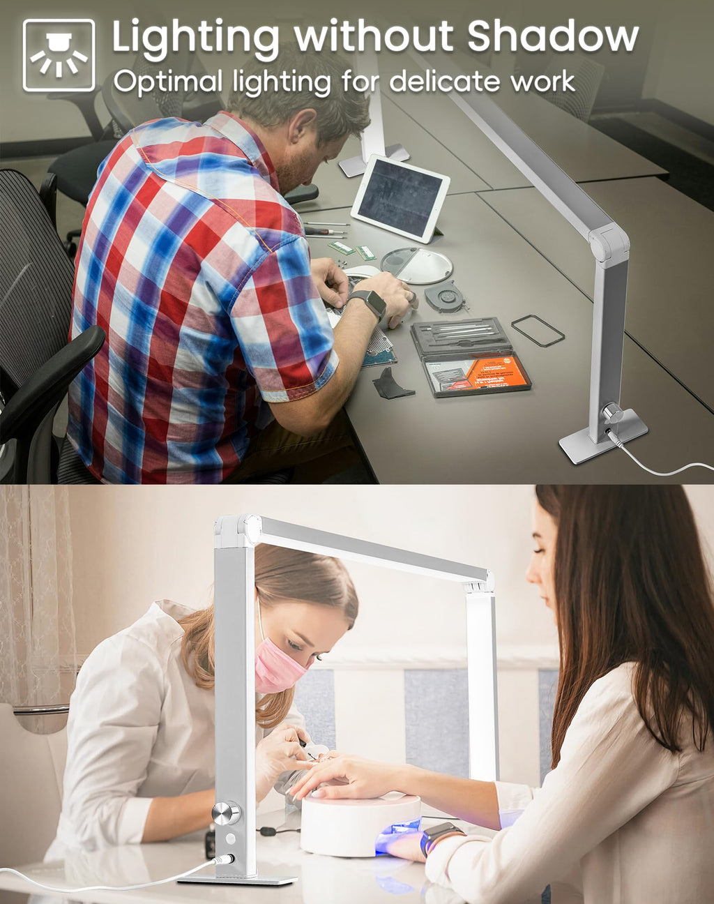 DLITISH Foldable Nail Desk Lamp 48W – 33in Square LED Table Light, 3 Modes, 3000–6000K, Silver