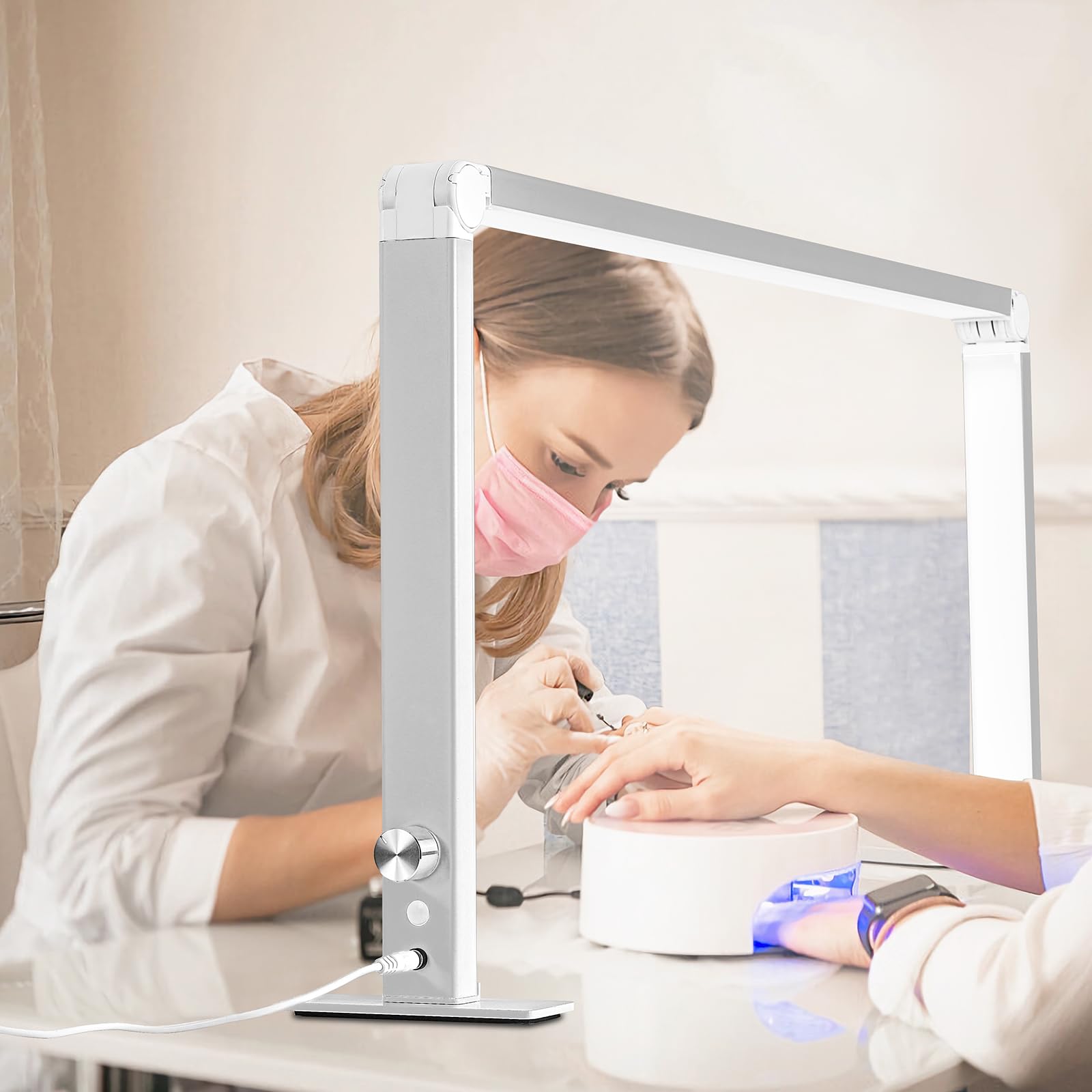 DLITISH Foldable Nail Desk Lamp 48W – 33in Square LED Table Light, 3 Modes, 3000–6000K, Silver
