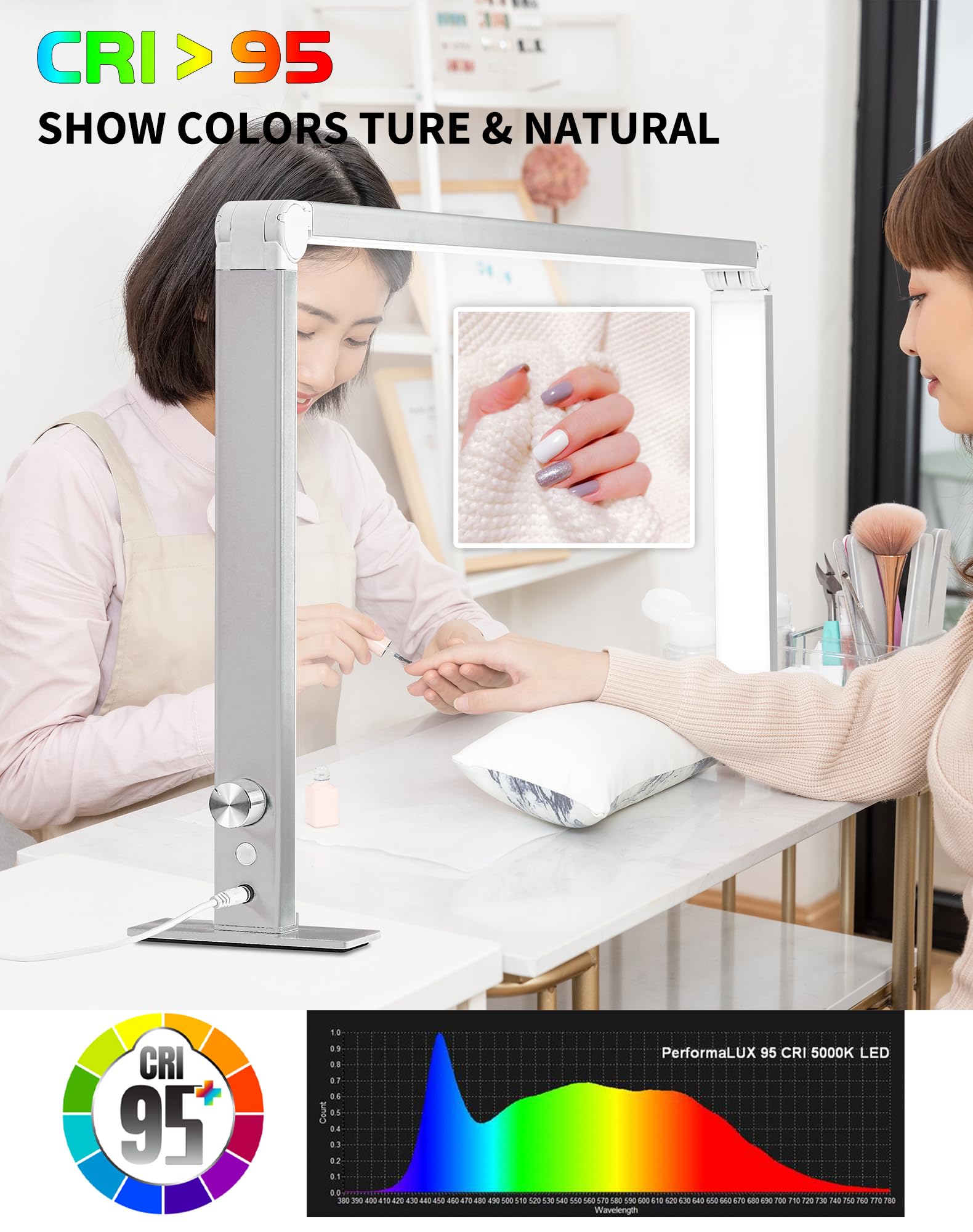 DLITISH Foldable Nail Desk Lamp 48W – 33in Square LED Table Light, 3 Modes, 3000–6000K, Silver