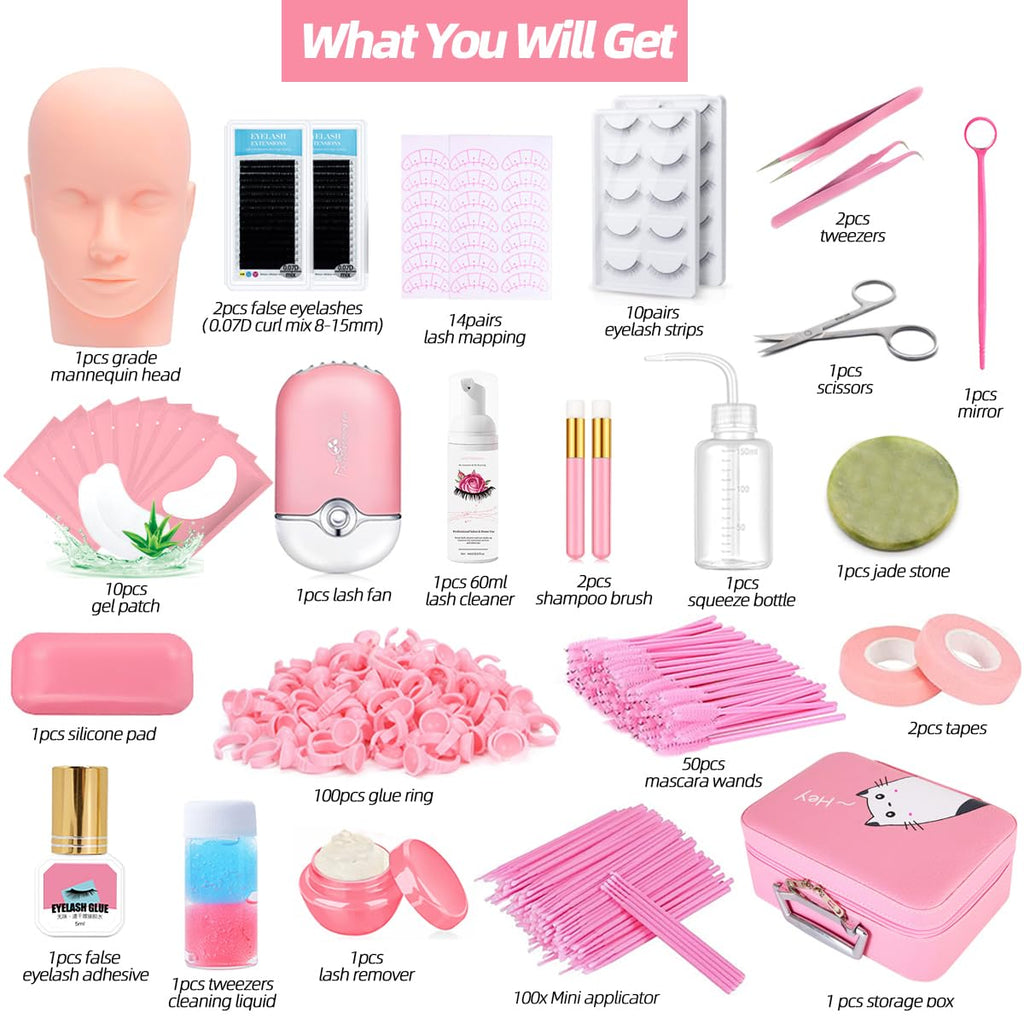 DNSGOOR Lash Extension Training Kit – Mannequin Head, USB Fan, Glue & Cleaner