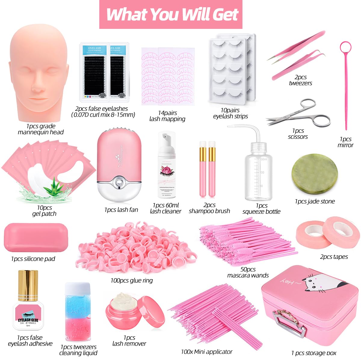 DNSGOOR Lash Extension Training Kit – Mannequin Head, USB Fan, Glue & Cleaner