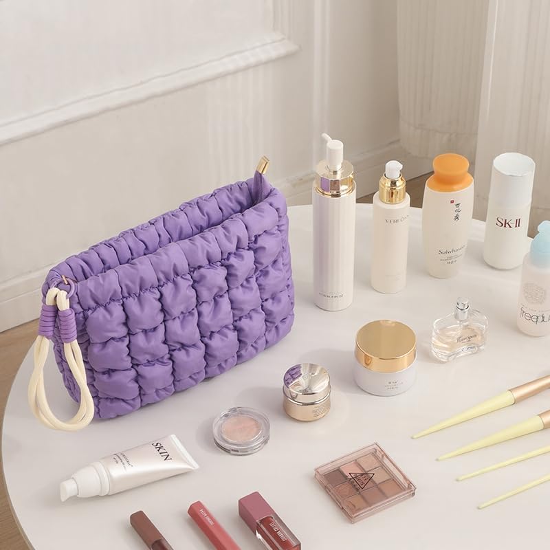 DOB SECHS Puffer Quilted Makeup Bag with Handle – Small Black Checkered Cosmetic Organizer