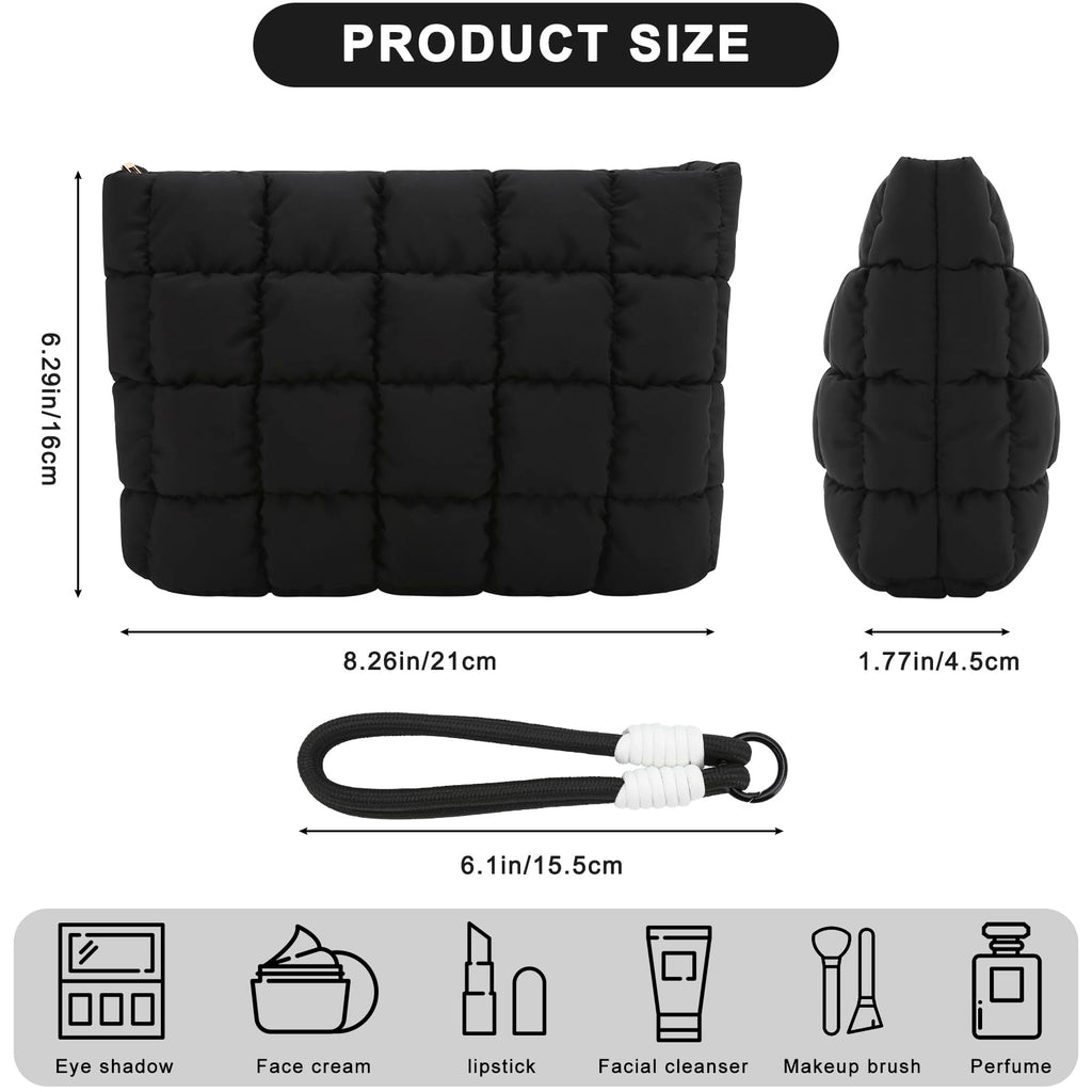 DOB SECHS Puffer Quilted Makeup Bag with Handle – Small Black Checkered Cosmetic Organizer