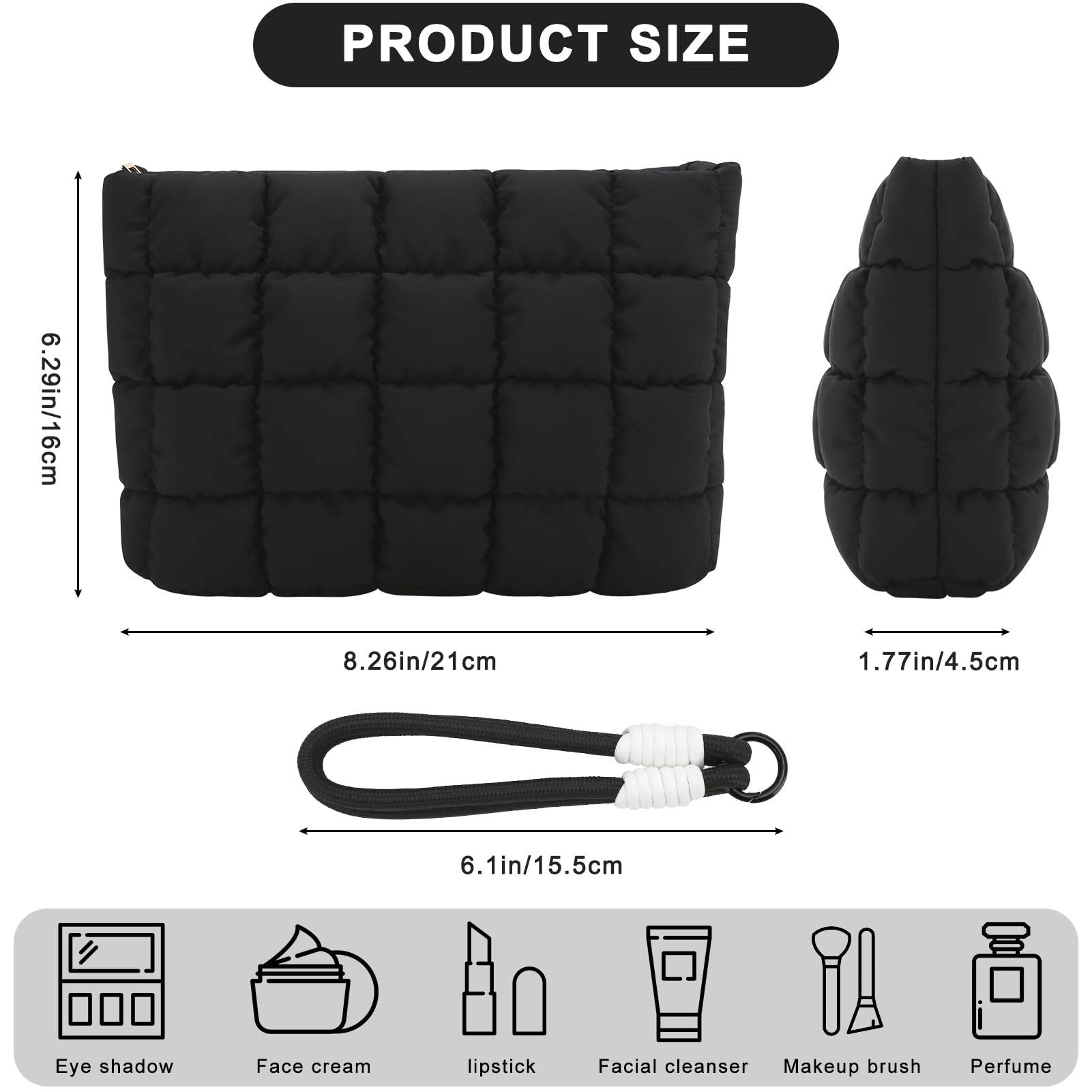 DOB SECHS Puffer Quilted Makeup Bag with Handle – Small Black Checkered Cosmetic Organizer
