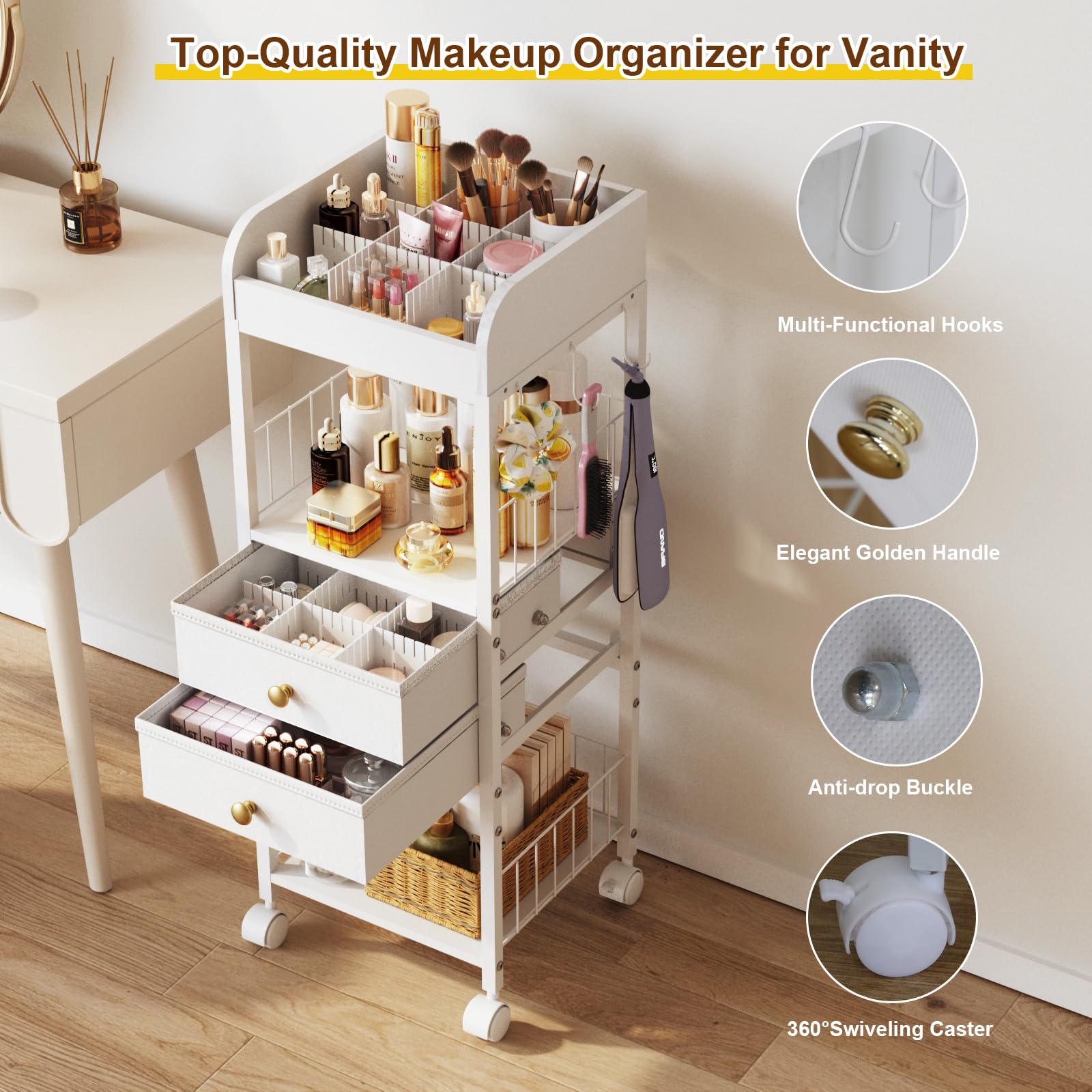 DongRong Floor Makeup Organizer with Lockable Wheels | 2-Drawer Rolling Vanity Cart