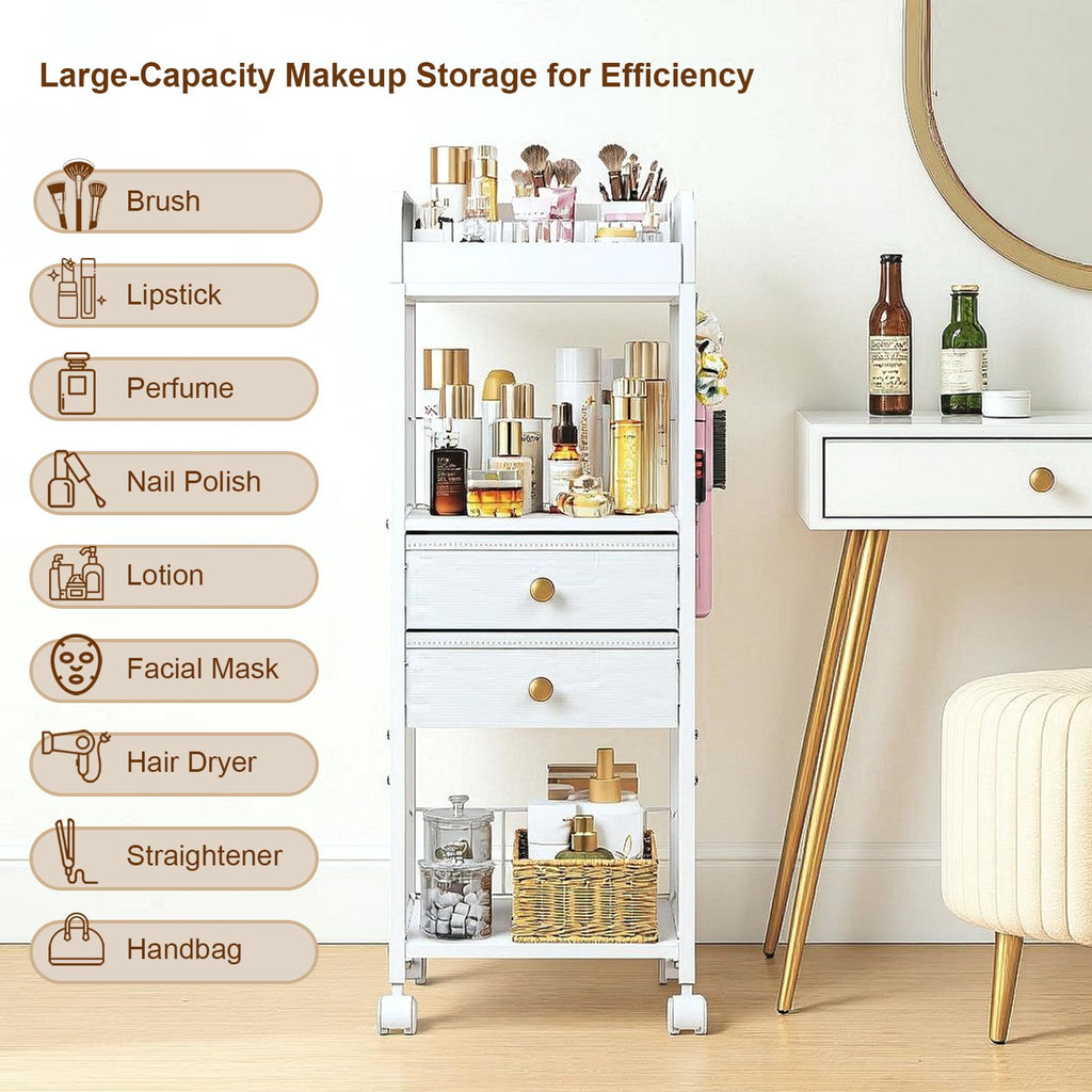 DongRong Floor Makeup Organizer with Lockable Wheels | 2-Drawer Rolling Vanity Cart