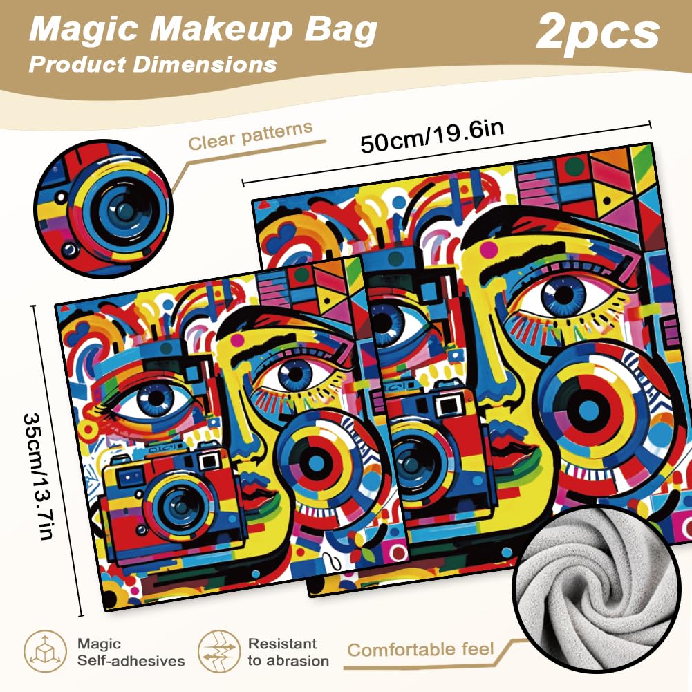 DOODLREAM 2 Sheets Travel Makeup Bags – Self-Adhesive Graffiti Cloth, Lay-Flat Pouch for Camera & Electronics (19.6x13.7)