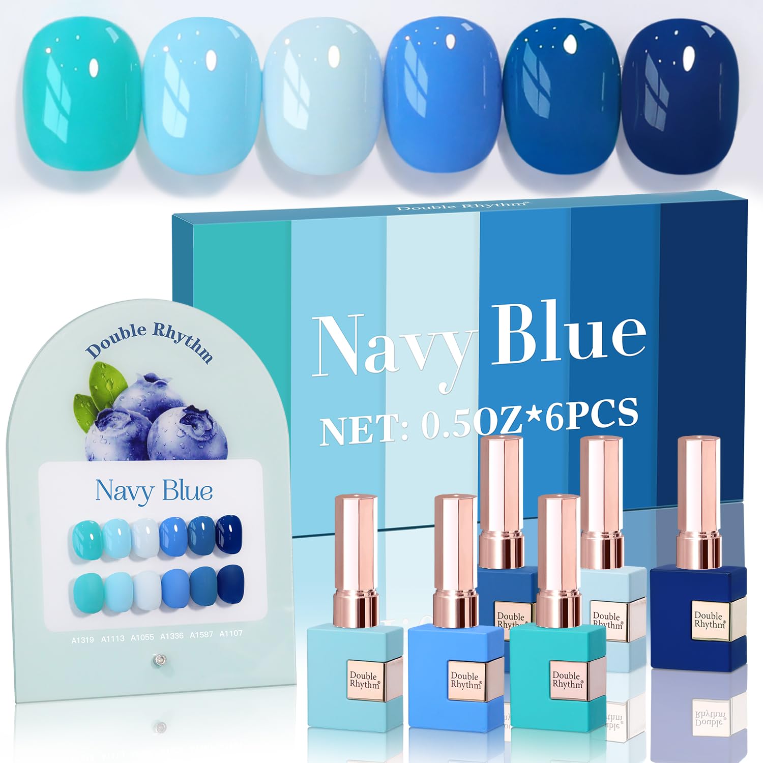 Double Rhythm 6-Pcs 15ml Gel Polish Set – Same Shade Soak-Off Kit for DIY Manicure (Light Blue / Navy / Teal)