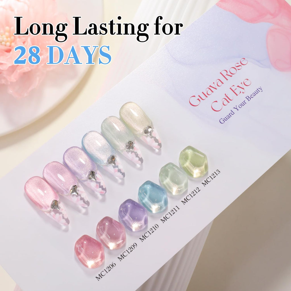 Double Rhythm Cat Eye Gel Nail Polish Set — 6×0.5 oz Magnetic Shimmer Kit (Rose, Green, Pink, Purple) for Home Manicures