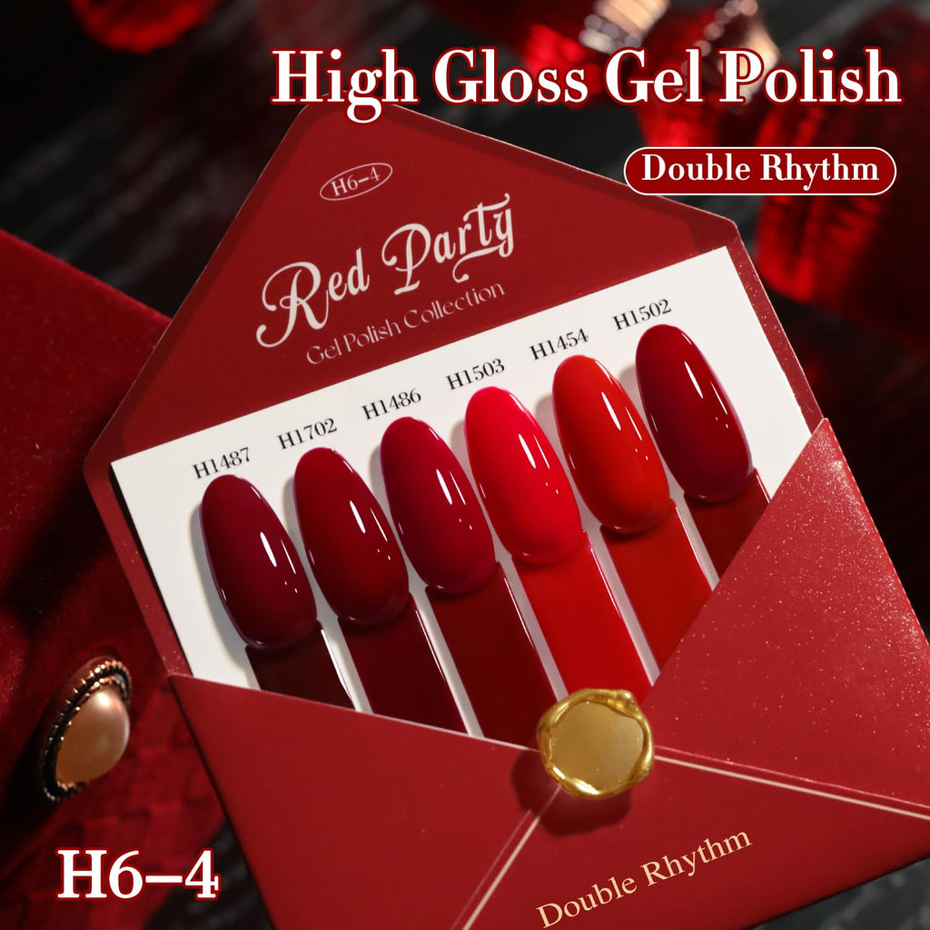 Double Rhythm 6-Piece HEMA-Free Gel Polish Set – 0.50 oz Each, Same Color in Same Bottle, Soak-Off, Neutral Milky Shimmer (Cherry Red Burgundy, H6-4)