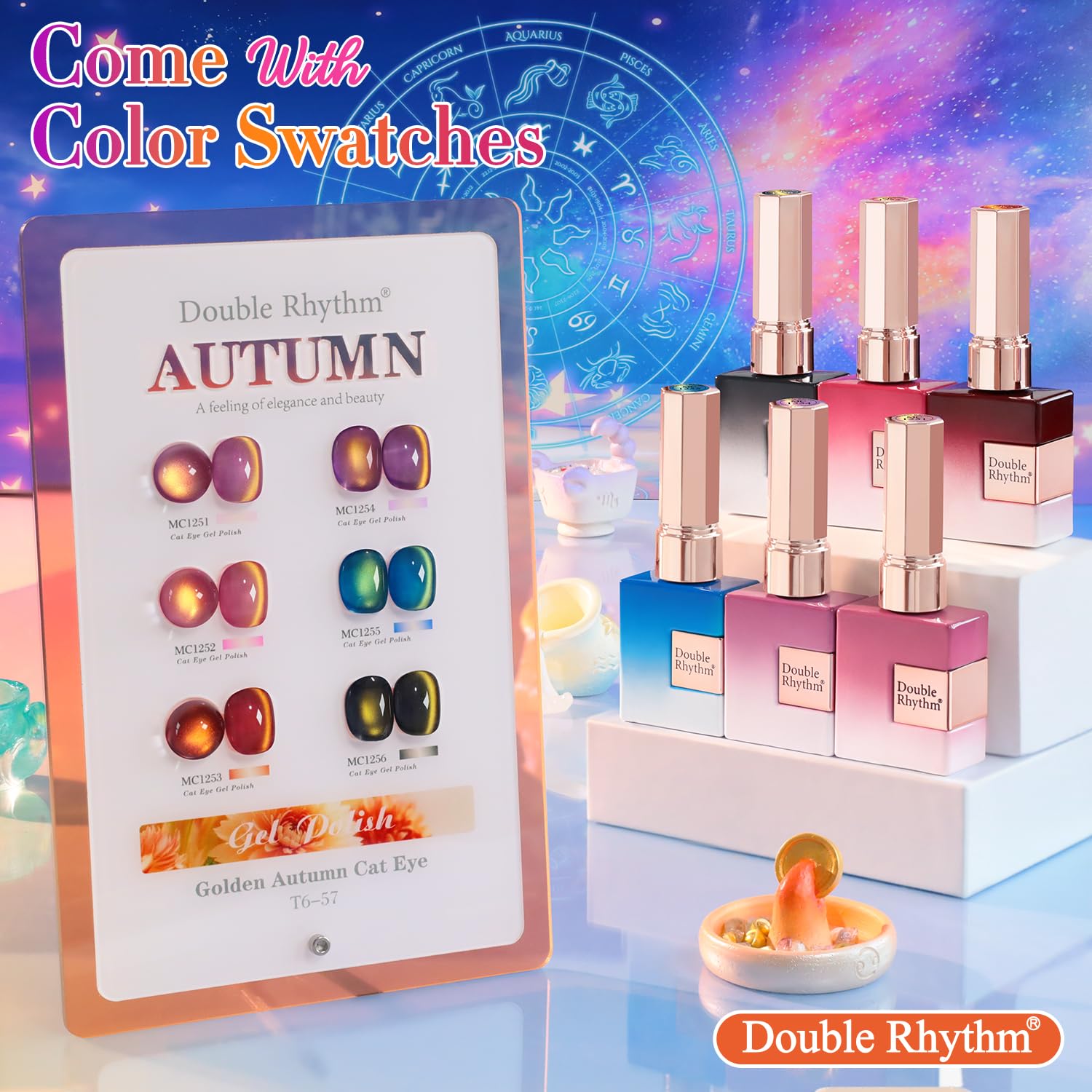 Double Rhythm Cat Eye Gel Nail Polish Set — 6×0.5 oz Bottles, Golden Autumn Brown T6-57
