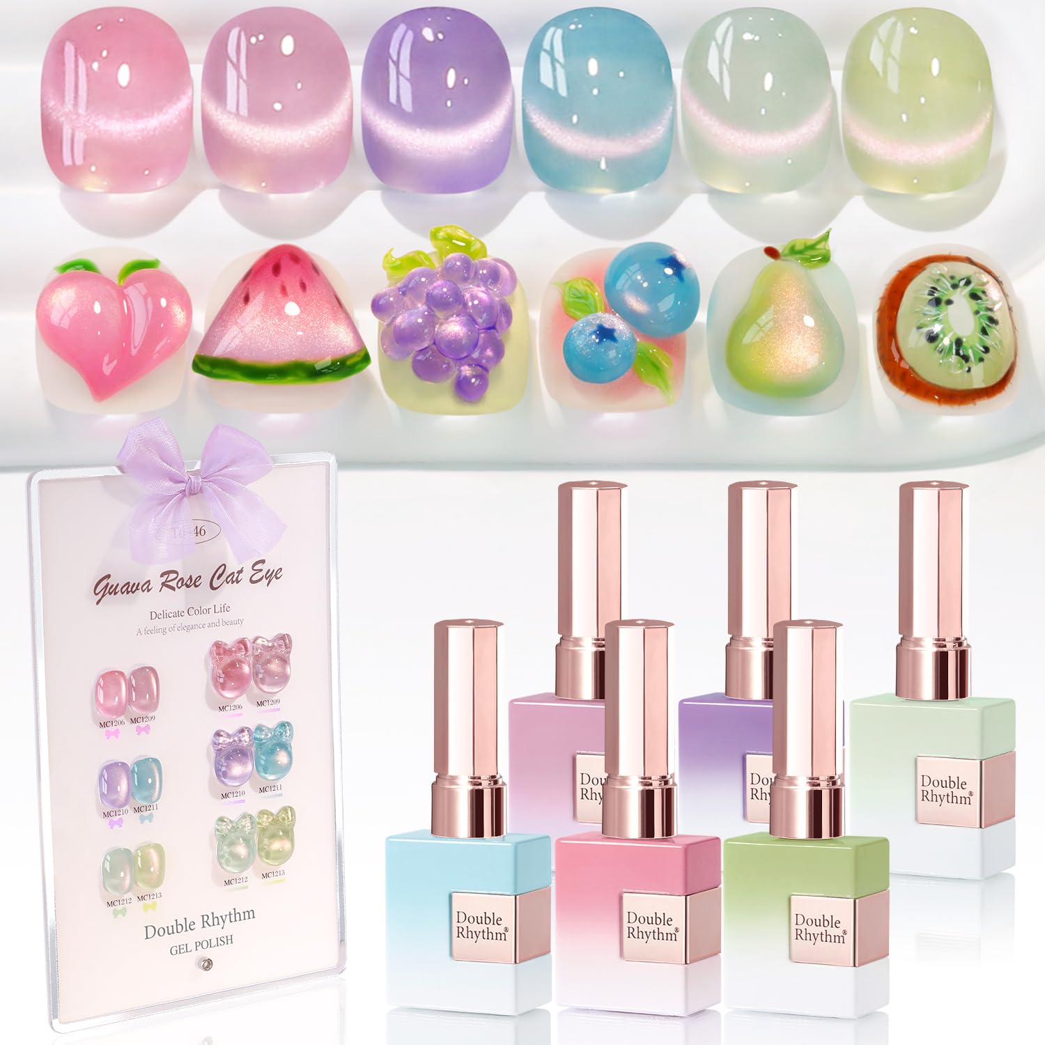 Double Rhythm Cat Eye Gel Nail Polish Set — 6×0.5 oz Magnetic Shimmer Kit (Rose, Green, Pink, Purple) for Home Manicures