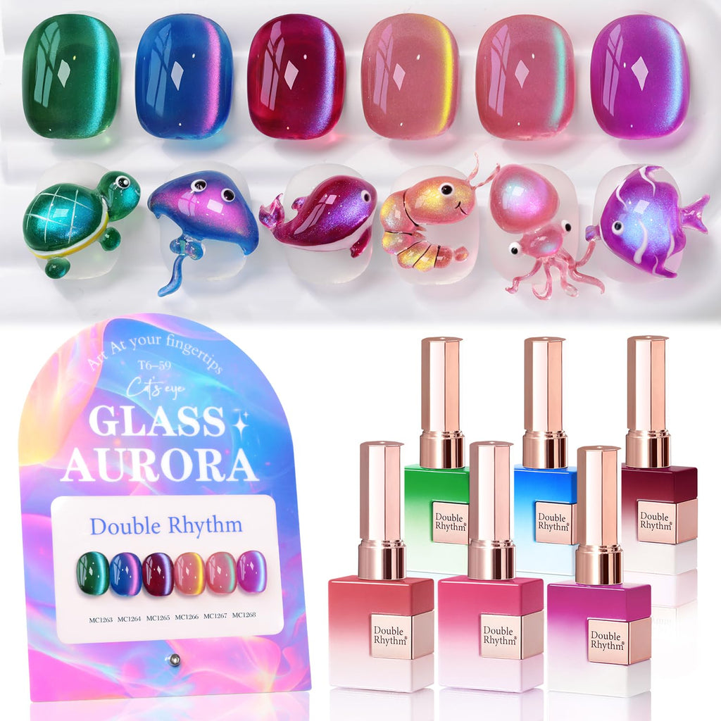 Double Rhythm Cat Eye Gel Nail Polish Set – 6 x 0.5 oz Glass Galaxy Green-T6-59