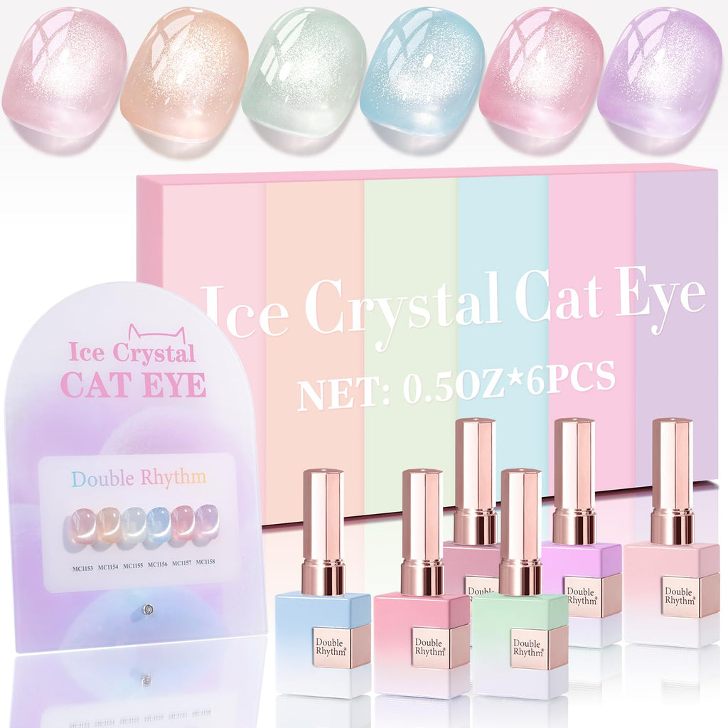 Double Rhythm Cat Eye Gel Nail Polish Set — 6 Same-Color 0.5oz Bottles, Magnetic Holographic Glitter Kit (Silver/Nude/Pink/Blue/Purple) - T6-28
