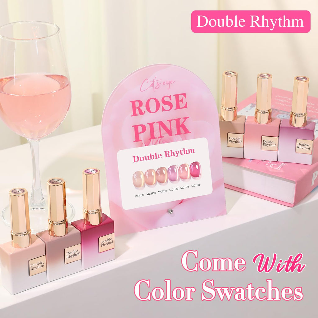 Double Rhythm Cat Eye Gel Nail Polish Set – 6 Same Color, 0.5 Oz, Magnetic Holographic Rose T6-32
