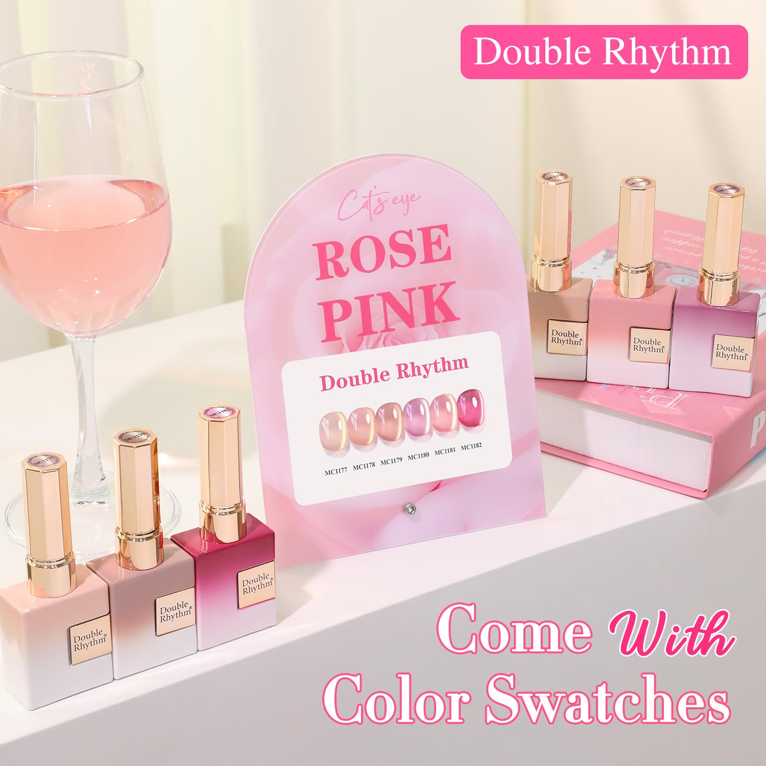 Double Rhythm Cat Eye Gel Nail Polish Set – 6 Same Color, 0.5 Oz, Magnetic Holographic Rose T6-32