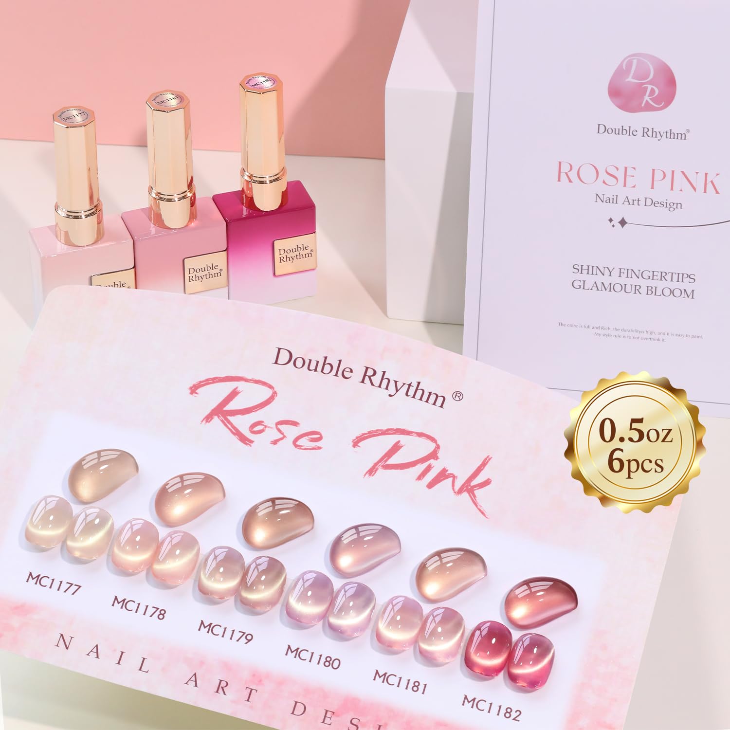 Double Rhythm Cat Eye Gel Nail Polish Set – 6 Same Color, 0.5 Oz, Magnetic Holographic Rose T6-32
