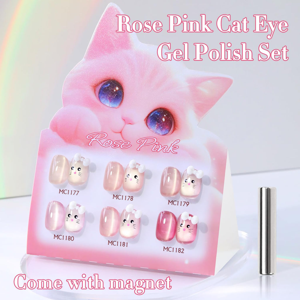 Double Rhythm Cat Eye Gel Nail Polish Set – 6 Same Color, 0.5 Oz, Magnetic Holographic Rose T6-32