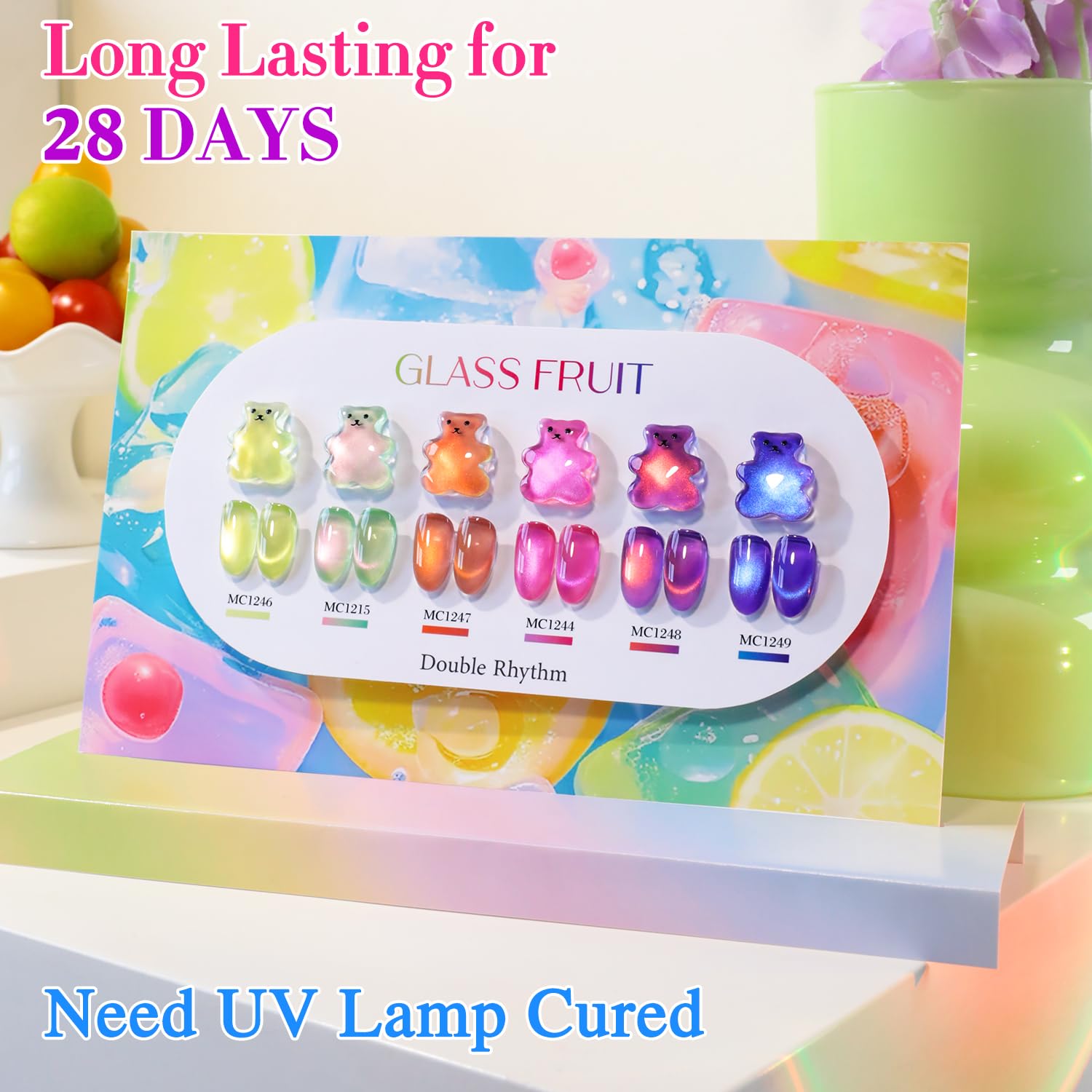 Double Rhythm Fruit Cat Eye Gel Polish Kit – 6x 0.5oz Magnetic Shimmer UV Polish (Glass Rose Pink Green-T6-48)