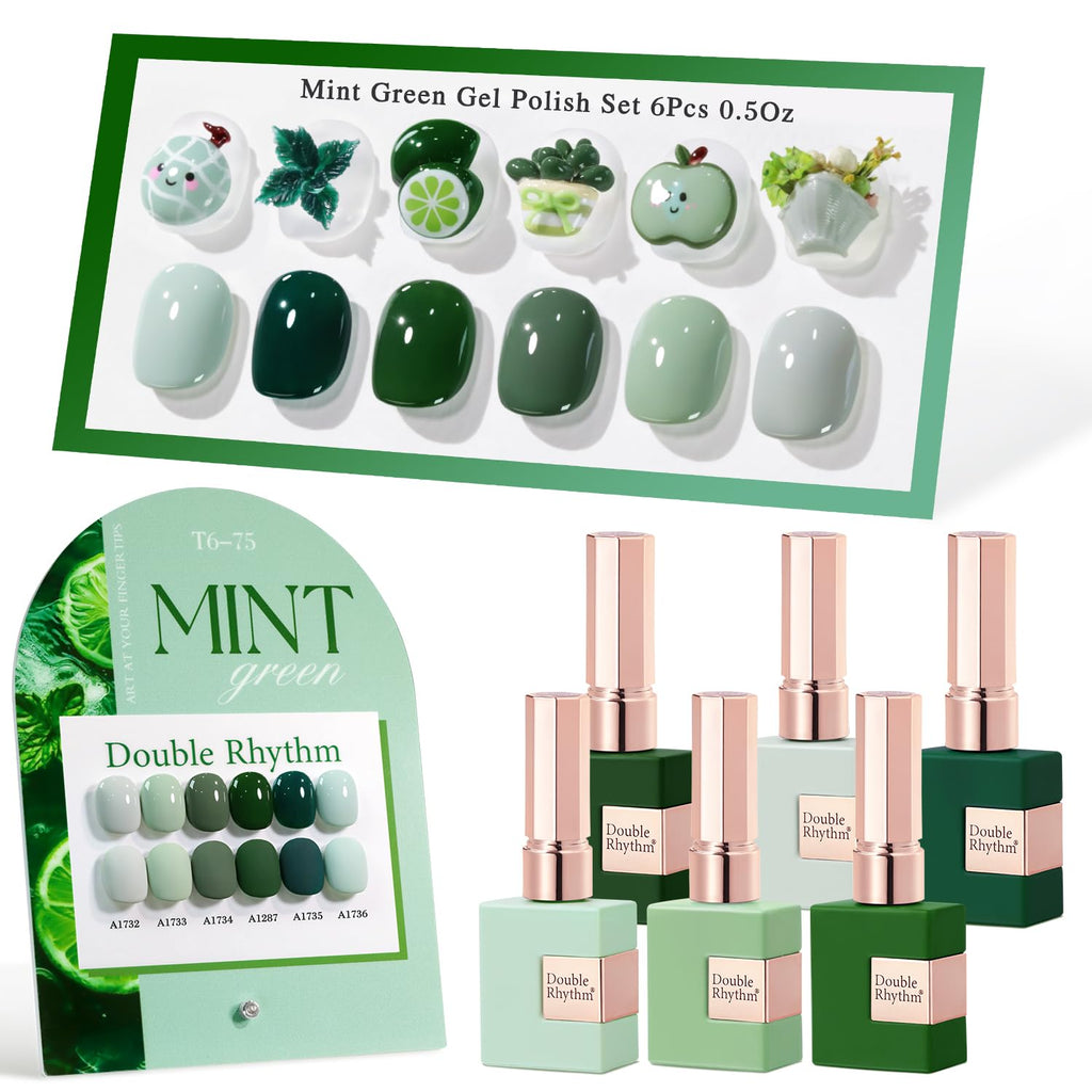 Double Rhythm 6-Pcs 15ml Gel Polish Set – Dark Mint Frost | Soak-Off Nail Kit
