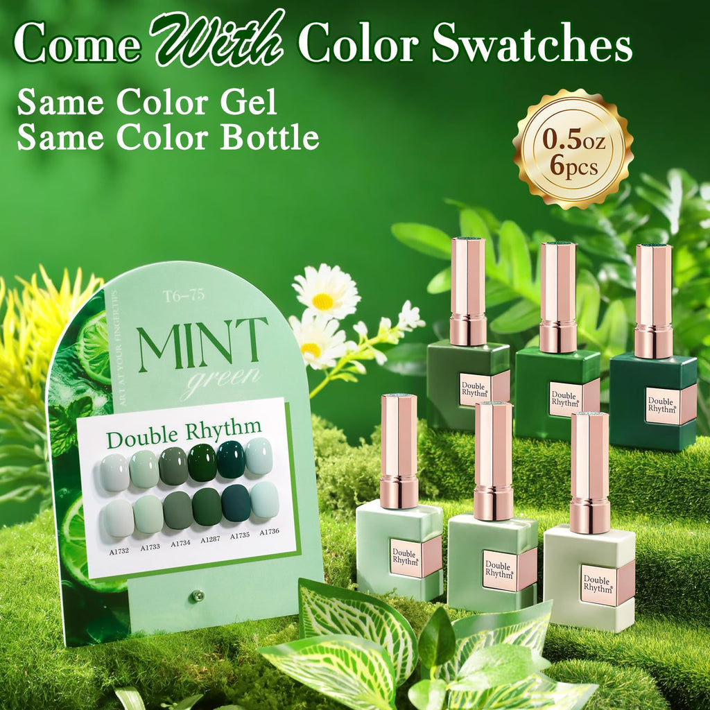 Double Rhythm 6-Pcs 15ml Gel Polish Set – Dark Mint Frost | Soak-Off Nail Kit